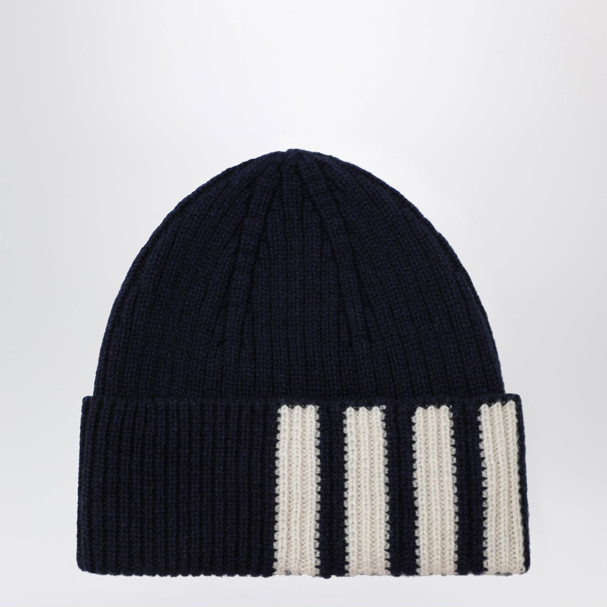 THOM BROWNE Navy Wool Rib Knit Beanie