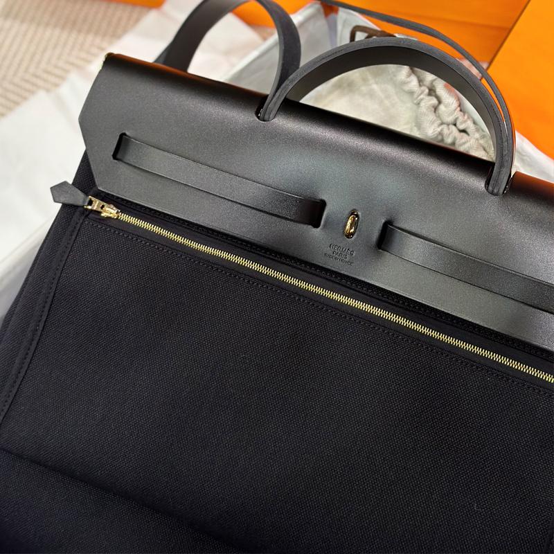 HERMES Black Canvas Herbag 39 Shoulder Tote Bag Gold Hardware