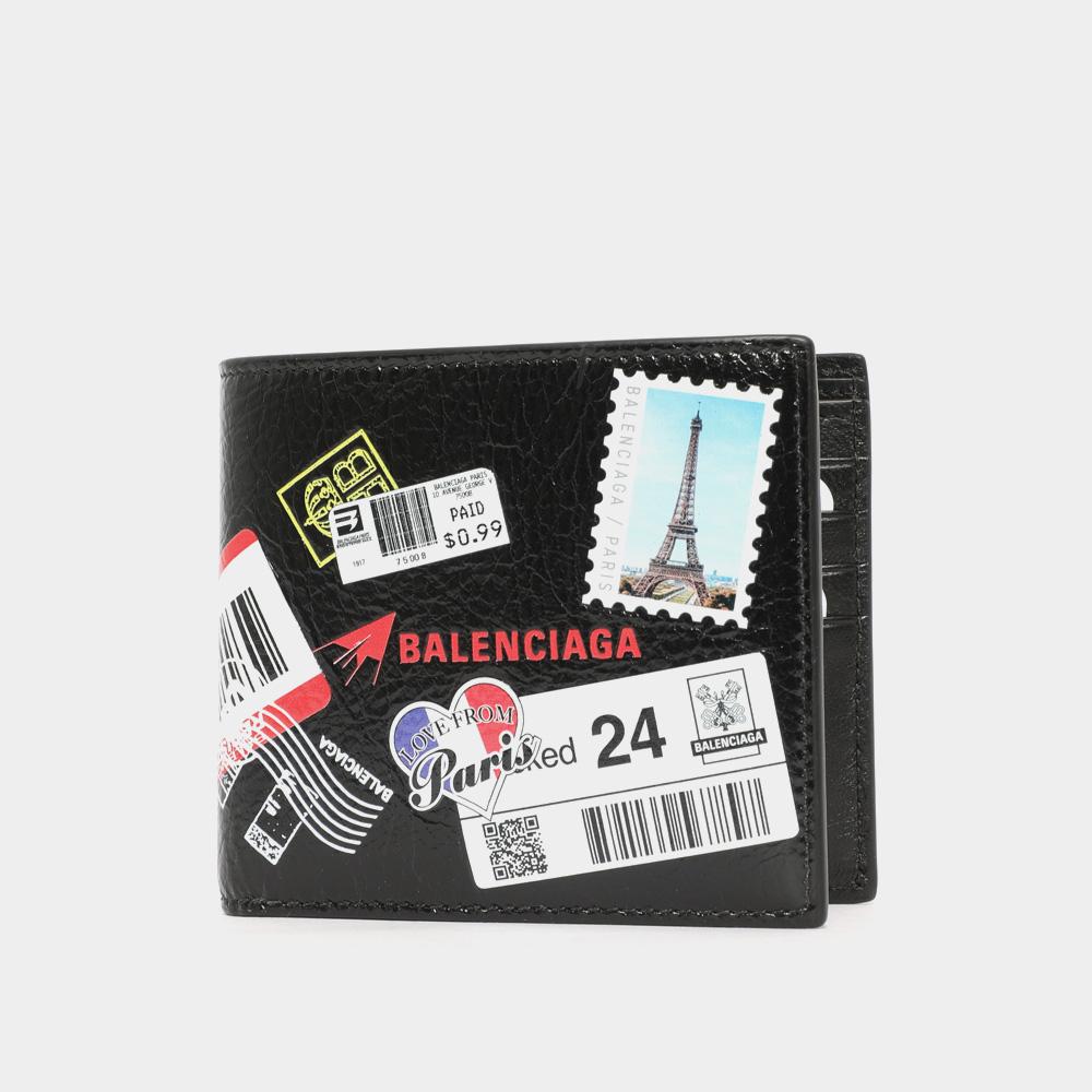 BALENCIAGA Mail Print Arena Leather Men's Bifold Wallet Black