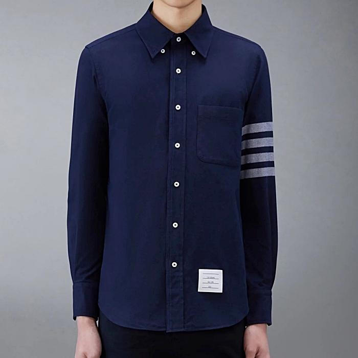 THOM BROWNE Solid Flannel 4-Bar Name Tag Straight Fit Long Sleeve Shirt