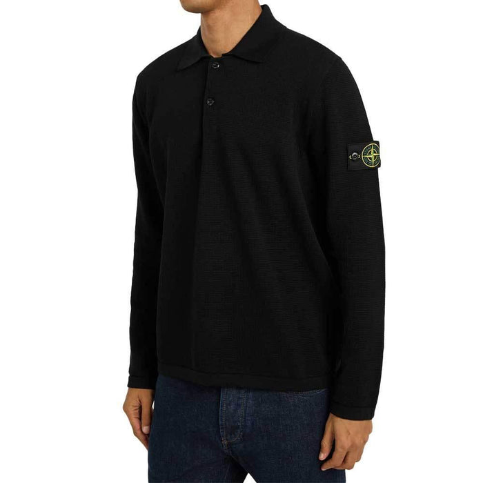 STONE ISLAND Long Sleeve Waffle Polo Shirt Black