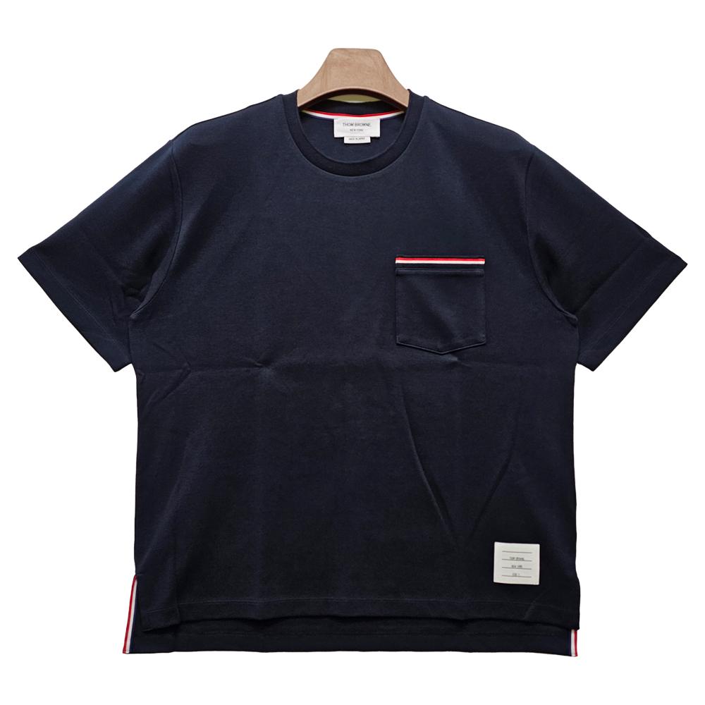 THOM BROWNE Oversized Milano Cotton Pocket T-Shirt Navy Tricolor Trim