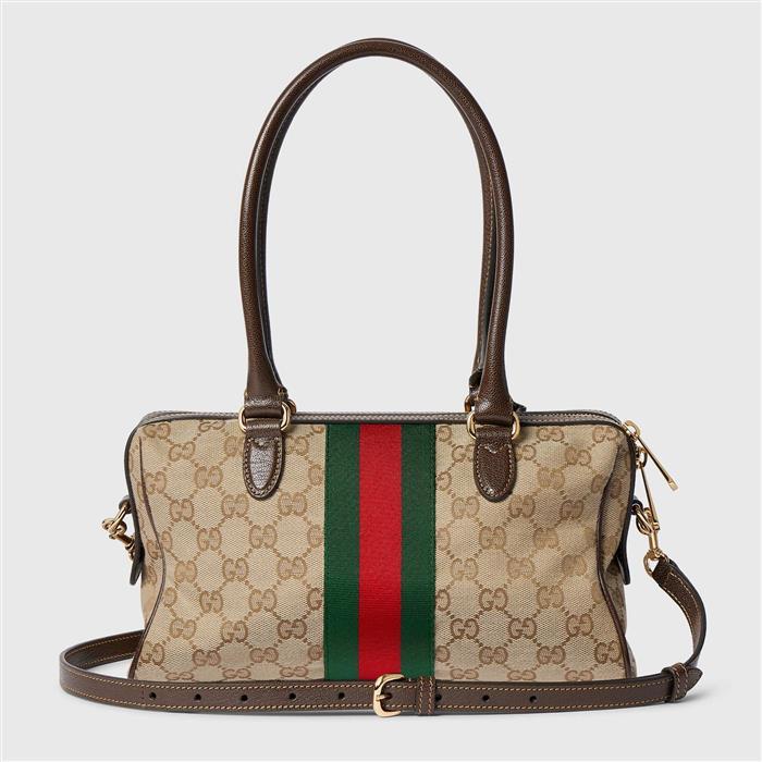 GUCCI Borsetto Medium Boston Bag Beige Canvas Leather Shoulder Bag