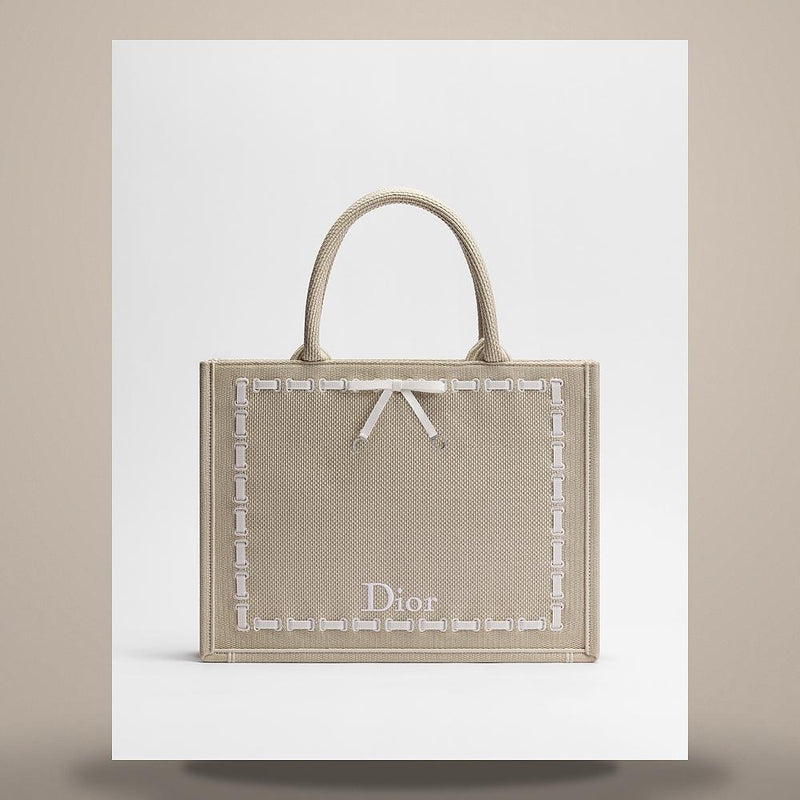 DIOR Beige Embroidered Book Tote Strap Bag Medium White Woven Gro M1354PEWS M10I