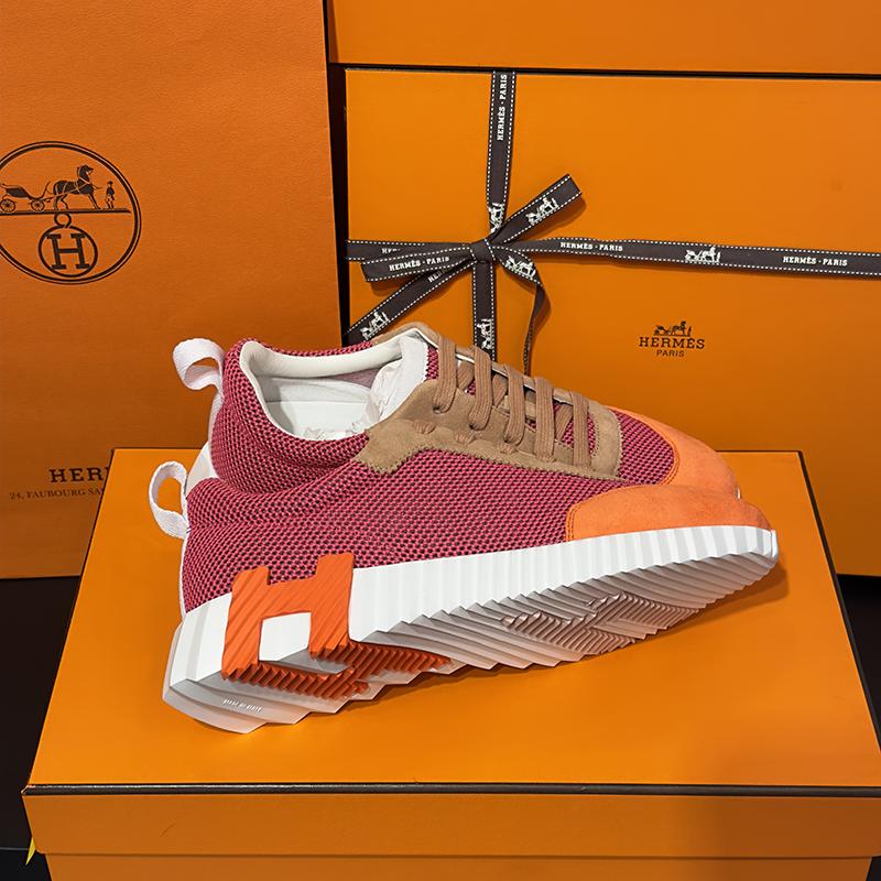 HERMES Bouncing Sneakers Pink Multi Mesh H Orange Logo Low-Top