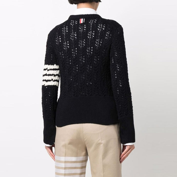 THOM BROWNE Diagonal Stripe Pointelle Knit Crewneck Sweater Navy