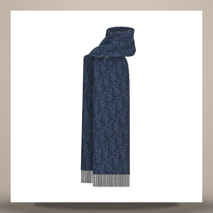 DIOR Oblique Reversible Scarf Blue Navy Cashmere Wool Scarf