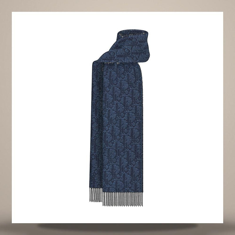 DIOR Oblique Reversible Scarf Blue Navy Cashmere Wool Scarf