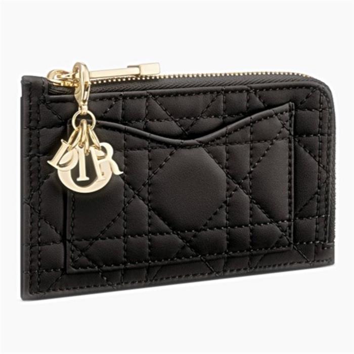 DIOR Lady Dior Compact Zip Card Holder Black Leather Wallet