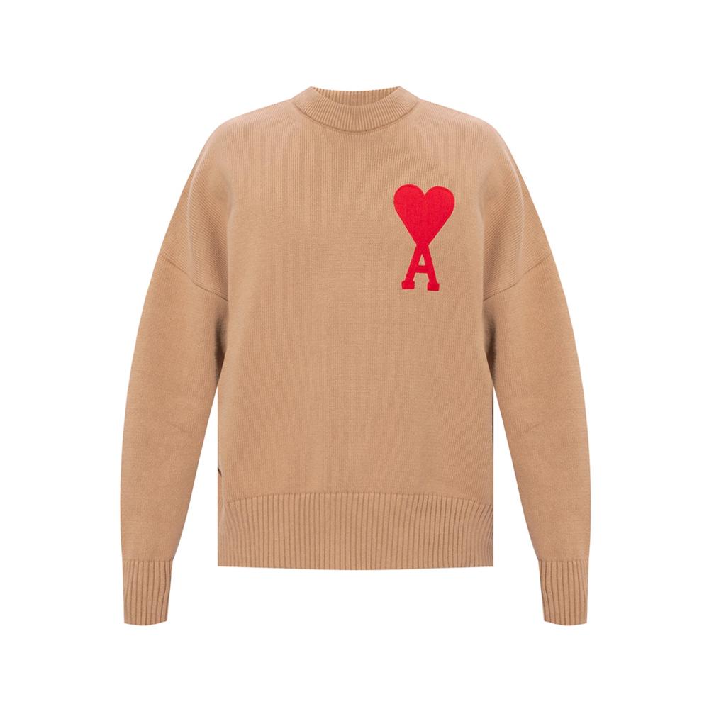 AMI Beige Big Heart Logo Embroidered Crewneck Knit Sweater Men