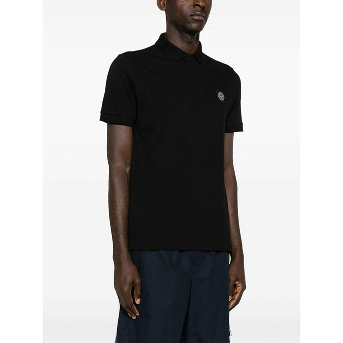 STONE ISLAND Logo Patch Black Cotton Polo Shirt Men