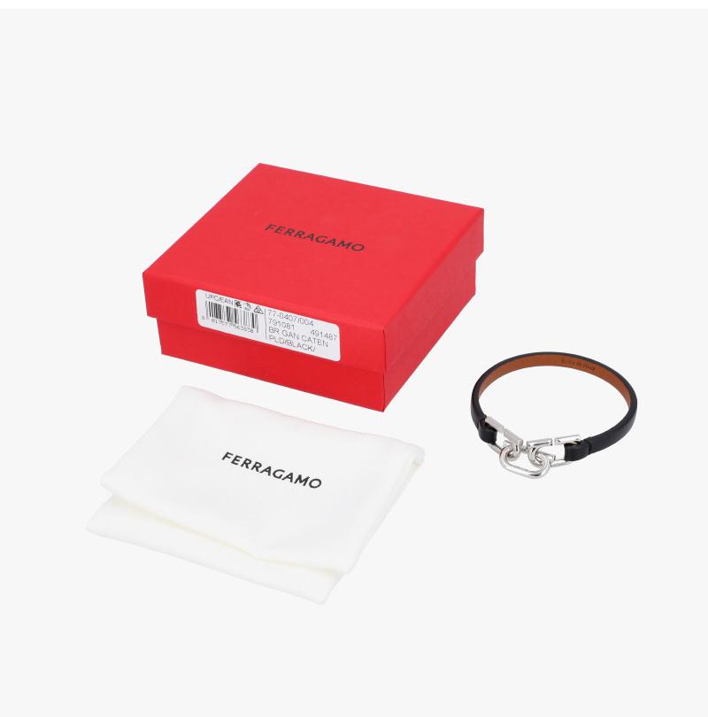 Ferragamo Black Leather Stainless Steel Men’s Bracelet