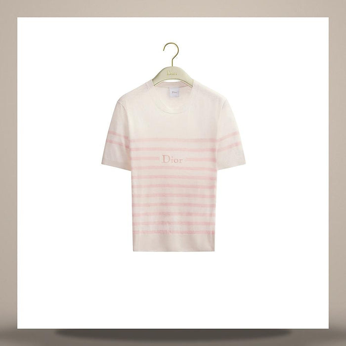 DIOR White Pink D-Stripe Linen Cashmere Silk Short Sleeve Sweat 644S24B7A26X4802