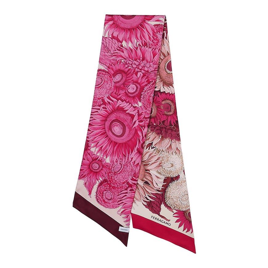 Ferragamo Sunflower Print Silk Twilly Scarf Pink Fuchsia Women