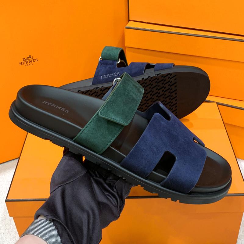 HERMES Men’s Chypre Suede Calfskin Green Blue Two-Tone Sandals
