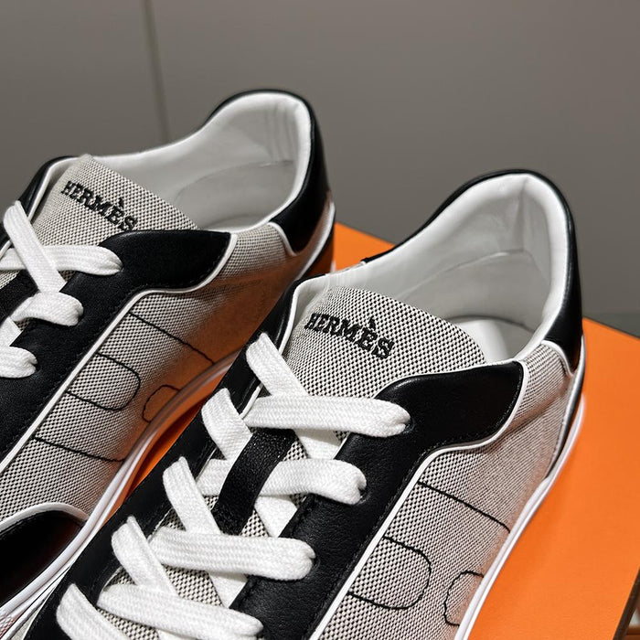 HERMES Beige Black Canvas Leather Match Low Top Sneakers