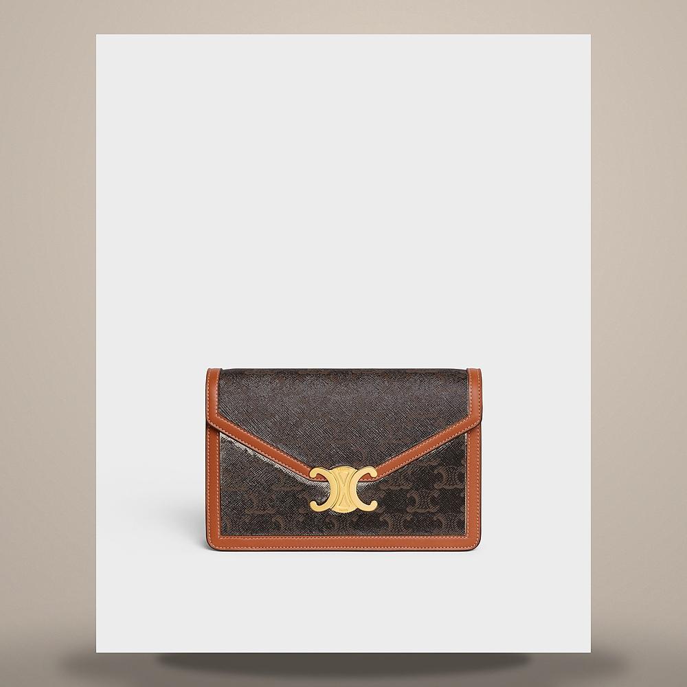 CELINE Triomphe Canvas Calfskin Chain Card Wallet Tan