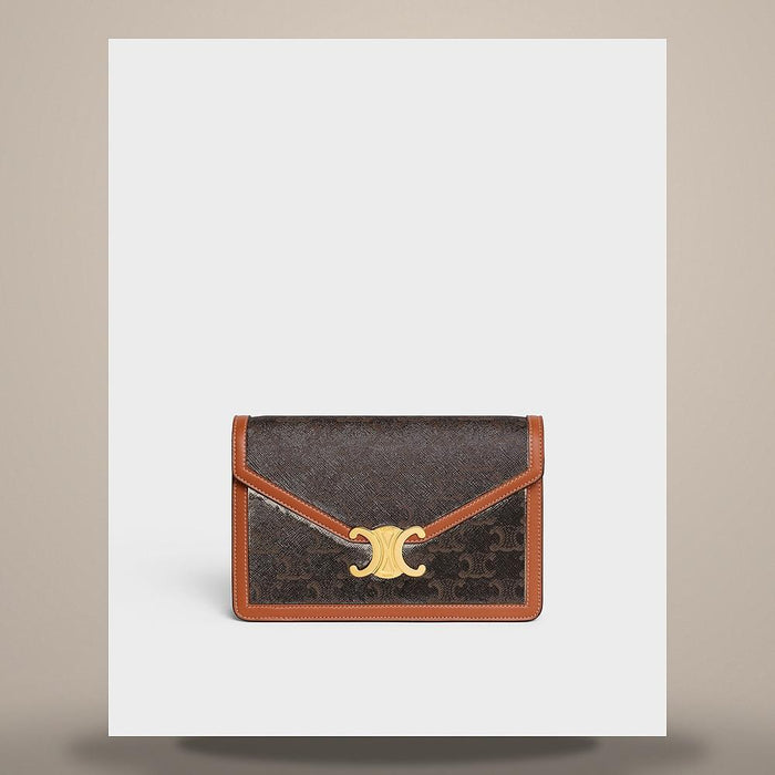 CELINE Triomphe Canvas Calfskin Chain Card Wallet Tan