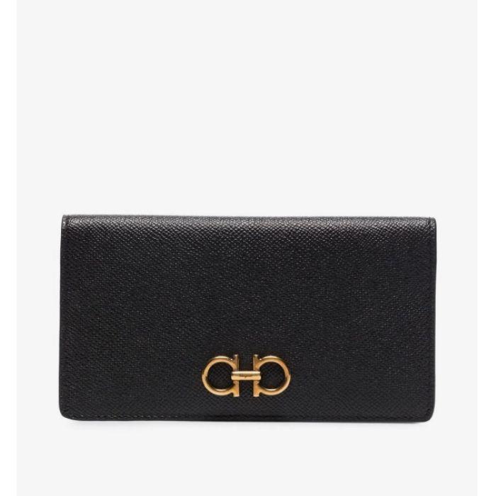 Ferragamo Gancini Continental Wallet Black Leather Long Wallet