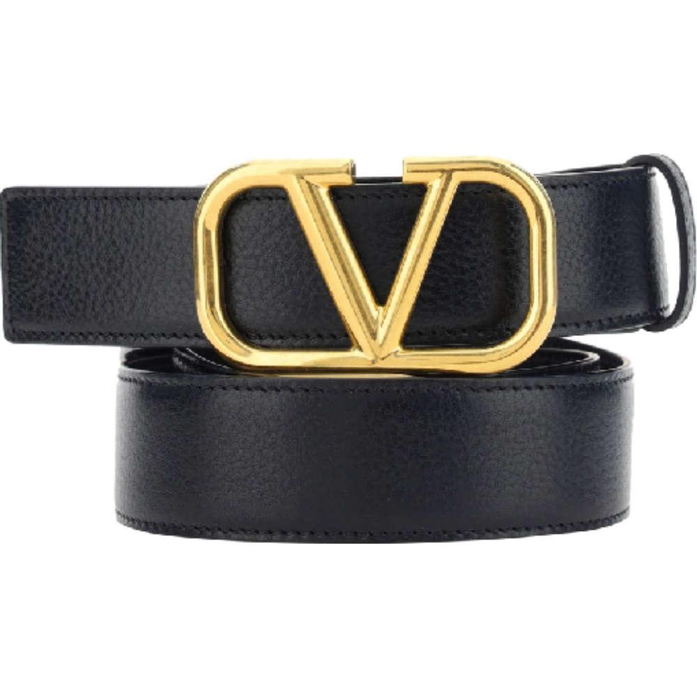 VALENTINO V Logo Gold-Tone Black Leather Men's Belt 3Y2T0S98 EET 0NO