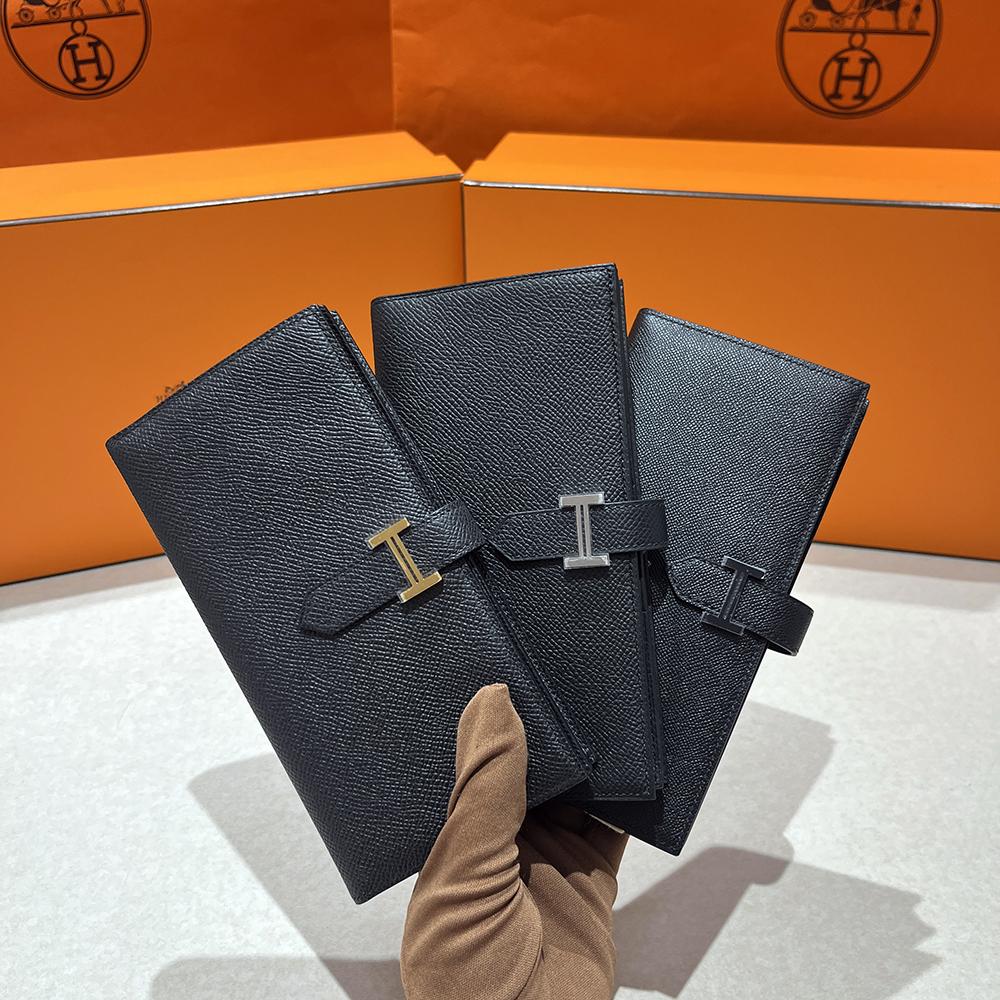 HERMES Epsom Leather Bearn Long Wallet Black Palladium Hardware