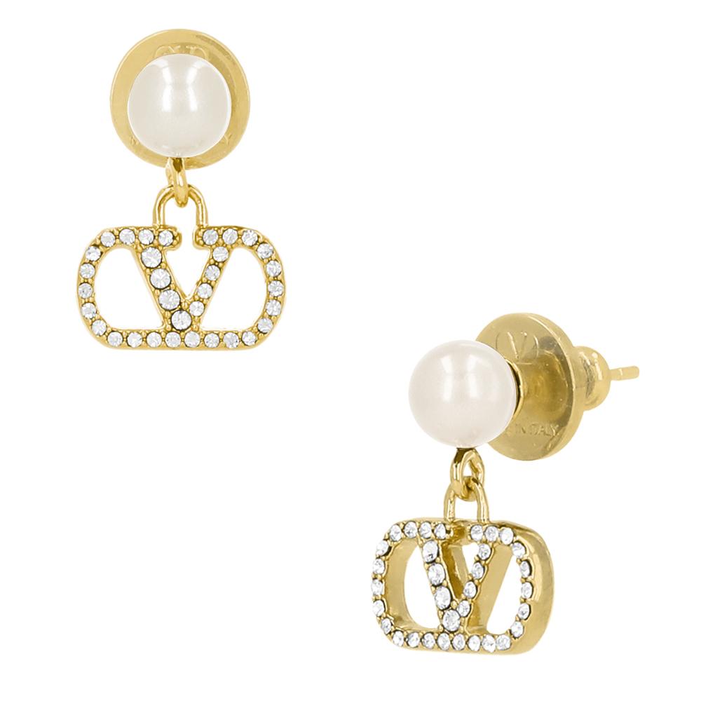 VALENTINO Garavani V-Logo Crystal Pearl Drop Earrings