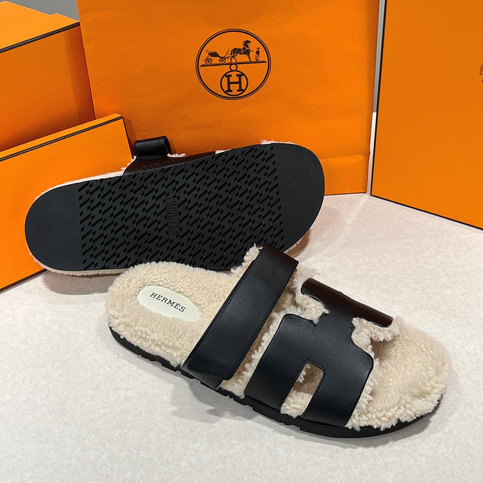 HERMES Shearling Cipre Sandals Suede Goatskin Black Ivory Men