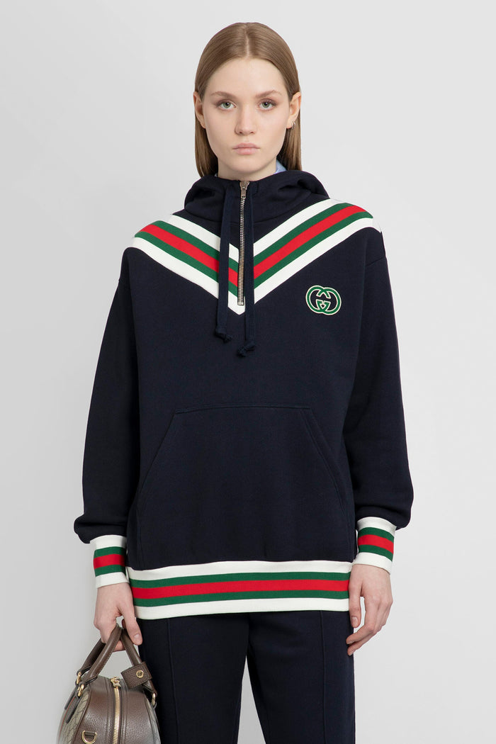 GUCCI Web Interlocking Zip-Up Hoodie Navy Women’s Cotton Top
