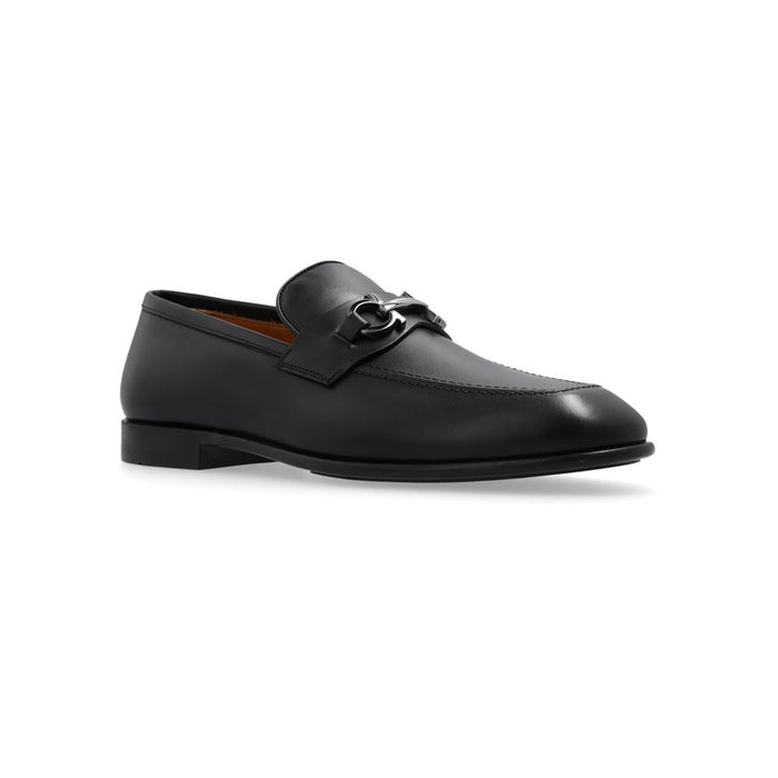 Ferragamo Black Leather Double Gancini Loafers Silver-Tone Hardware 0762636