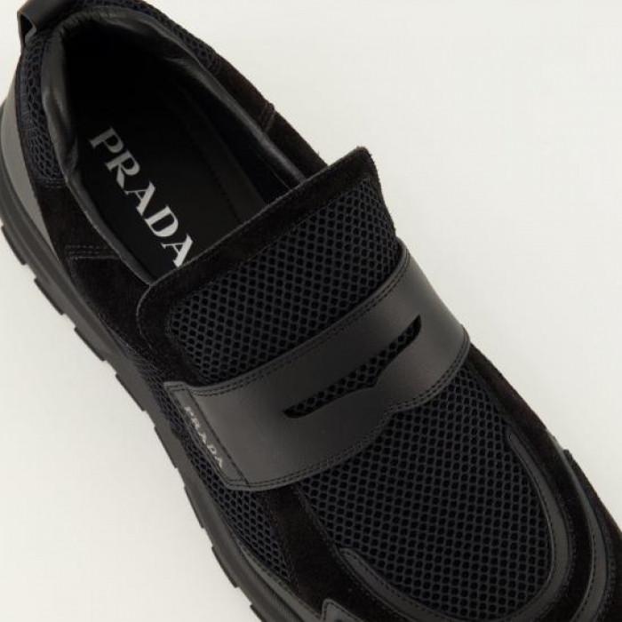 PRADA Prax Black Mesh Leather Men's Low Top Sneakers
