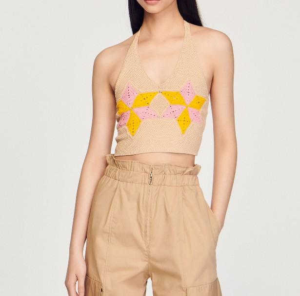 Sandro Crochet Halter Neck Knit Bustier Top