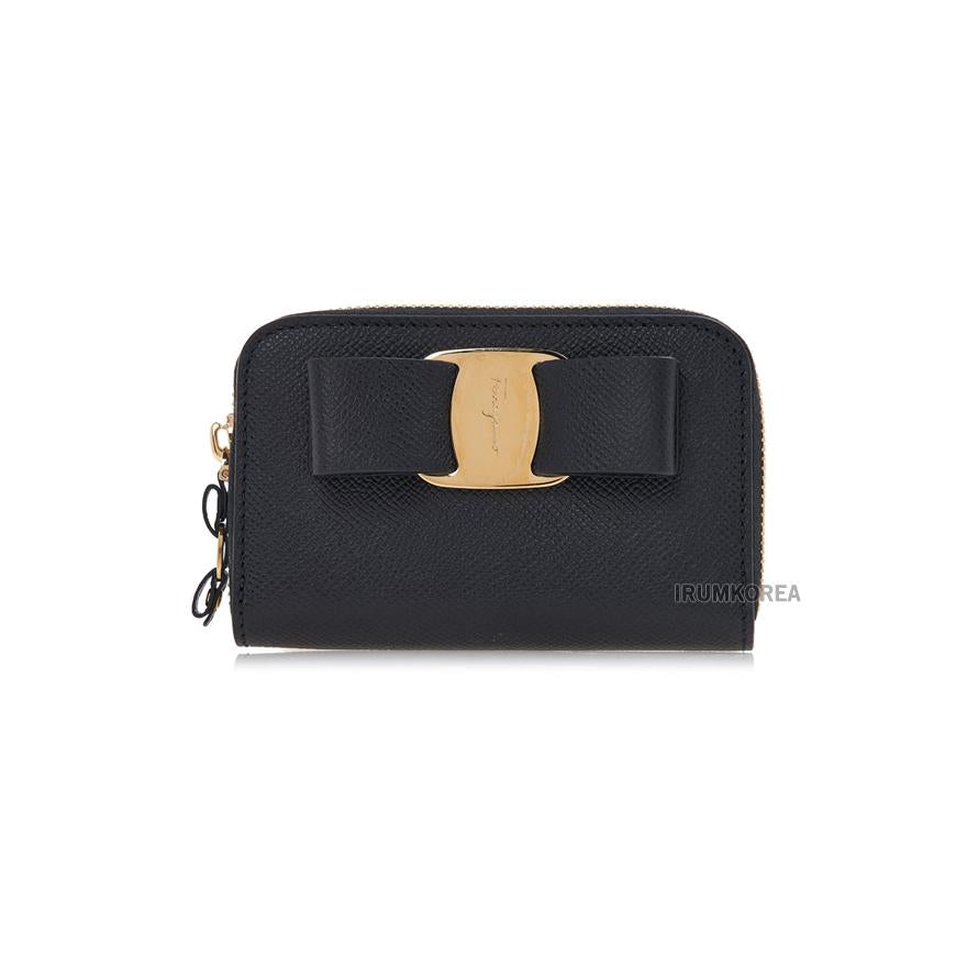 Ferragamo Vara Leather Card Holder Wallet Black Women