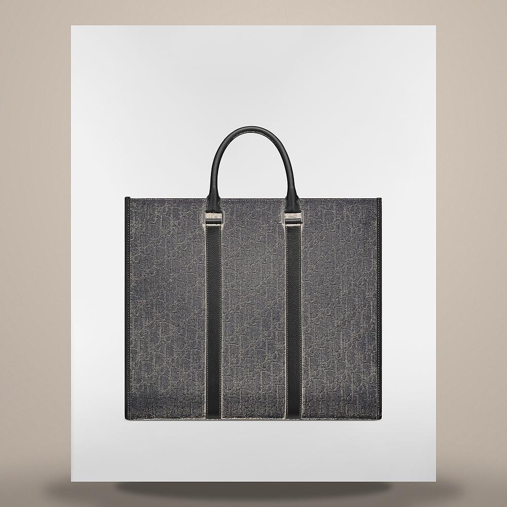 DIOR Black Oblique Jacquard and Grained Calfskin East-West Tote Bag