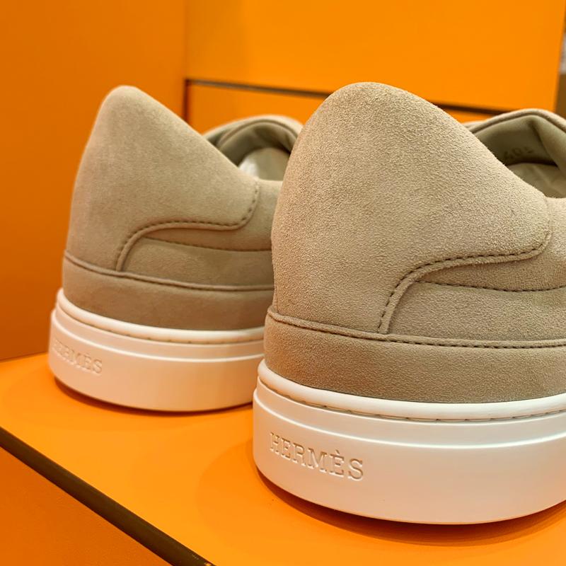 HERMES Brown Calfskin Low-Top Sneakers with Rose Gold Kelly Buckle
