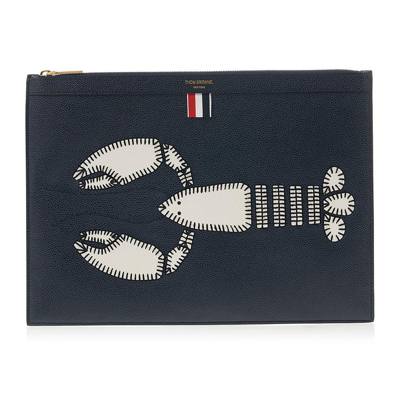 THOM BROWNE Pebble Grain Leather Topstitch Clutch Navy