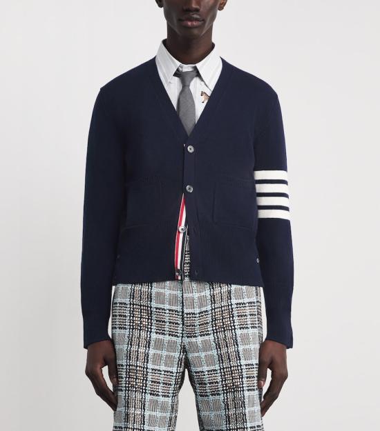 THOM BROWNE Navy Wool Cardigan for Men MKC624A Y10294