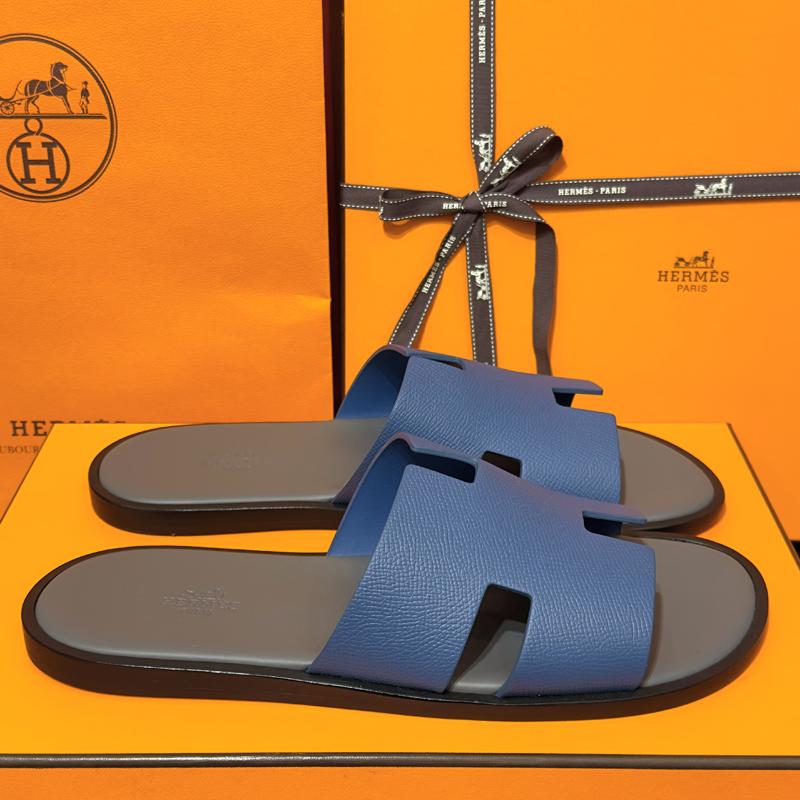 HERMES Izmir Sandals Calfskin Epsom Blue Gray Two-Tone Slides Men