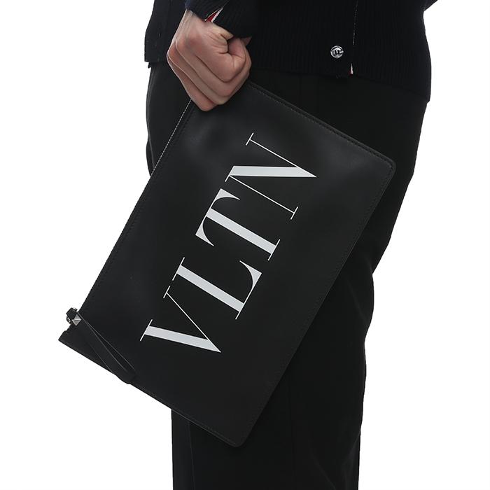 VALENTINO Logo Strap Clutch Black Unisex Leather