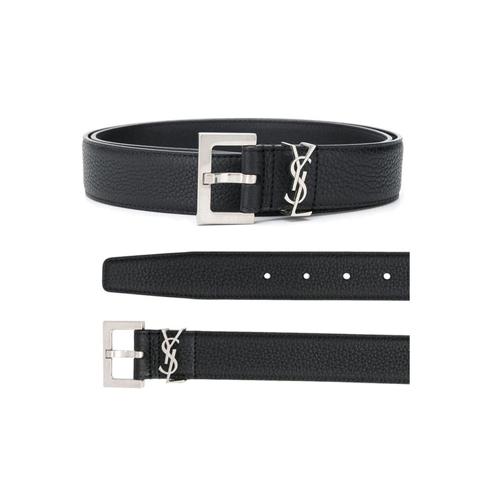 Saint Laurent Silver-Tone Logo Grain Leather Belt Black