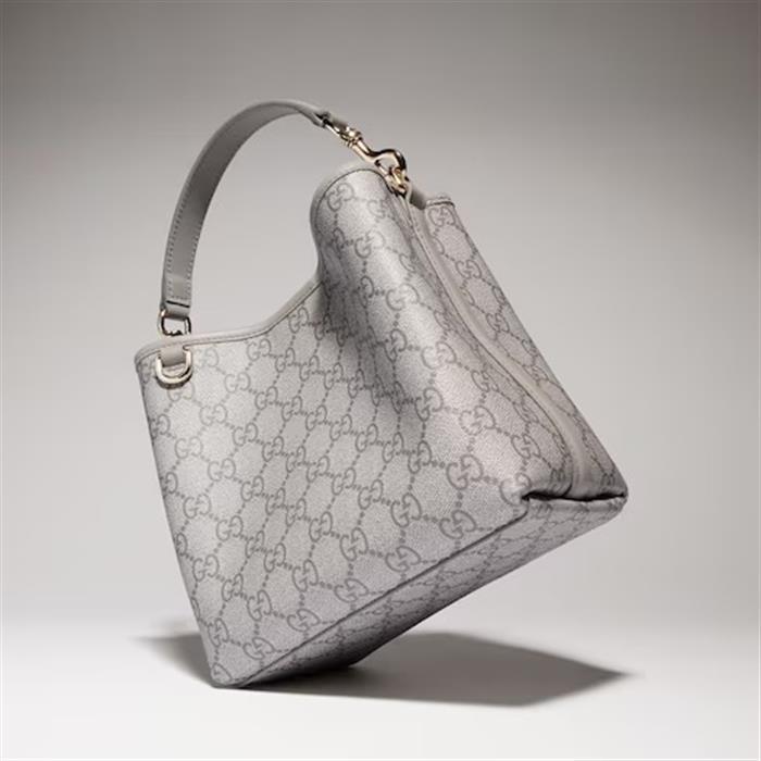 GUCCI GG Emblem Small Bucket Bag Crossbody Gray Leather