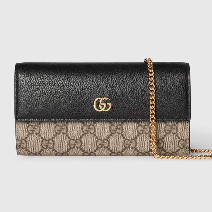 GUCCI GG Marmont Bicolor Chain Wallet Black Beige Long Wallet