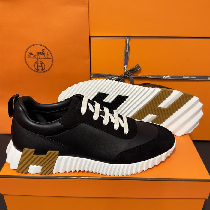 HERMES Men’s Bouncing Low-Top Sneakers Black Goatskin Brown H Logo