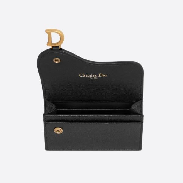 DIOR Saddle Flap Card Holder Black Leather Wallet