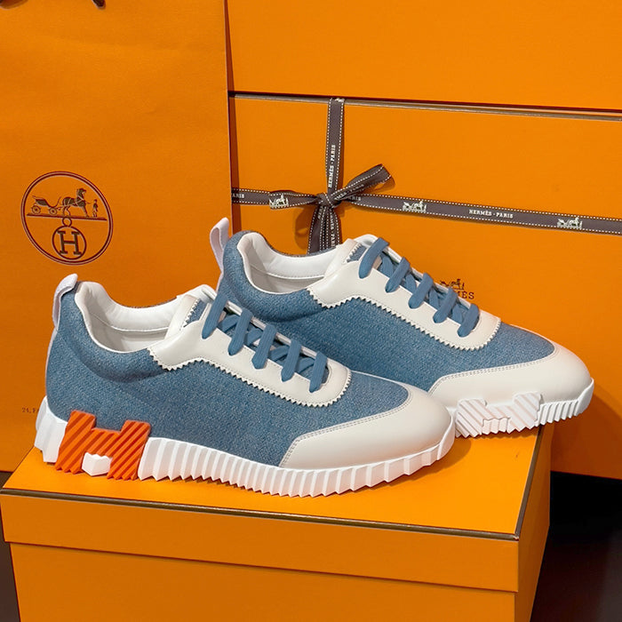 HERMES Bouncing Sneakers Chevron Denim Calfskin Blue Clair Men’s Low-Top