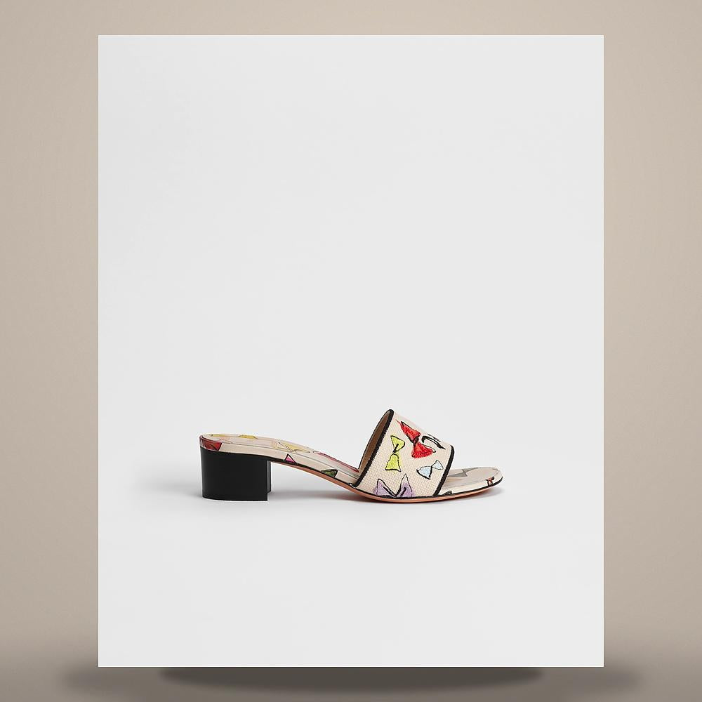 DIOR Dway Heel Slide White Multicolor Cotton Embroidered Bow Slip KCO611BOW S43L
