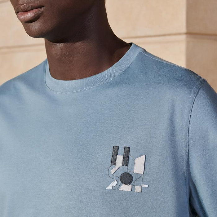 HERMES Blue Cotton Crewneck T-Shirt with Lambskin Leather Patch