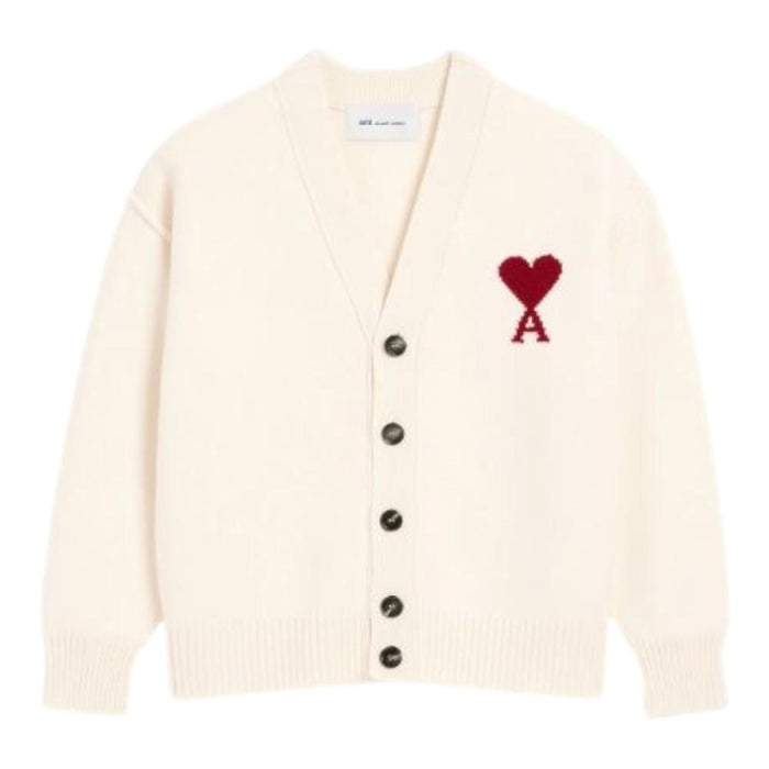 AMI Off-White Red Merino Wool Knit Cardigan