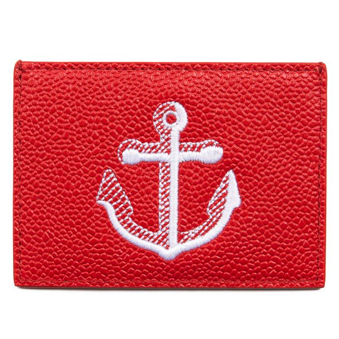 THOM BROWNE Red Anchor Embroidered Leather Card Holder