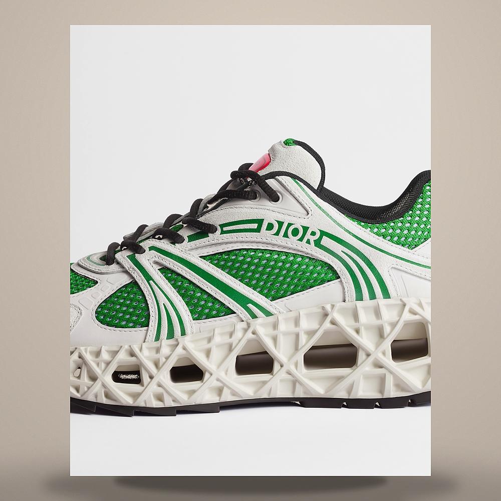 DIOR White Suede Calfskin and Green Mesh Low-Top Sneakers 3SN323AAY H007