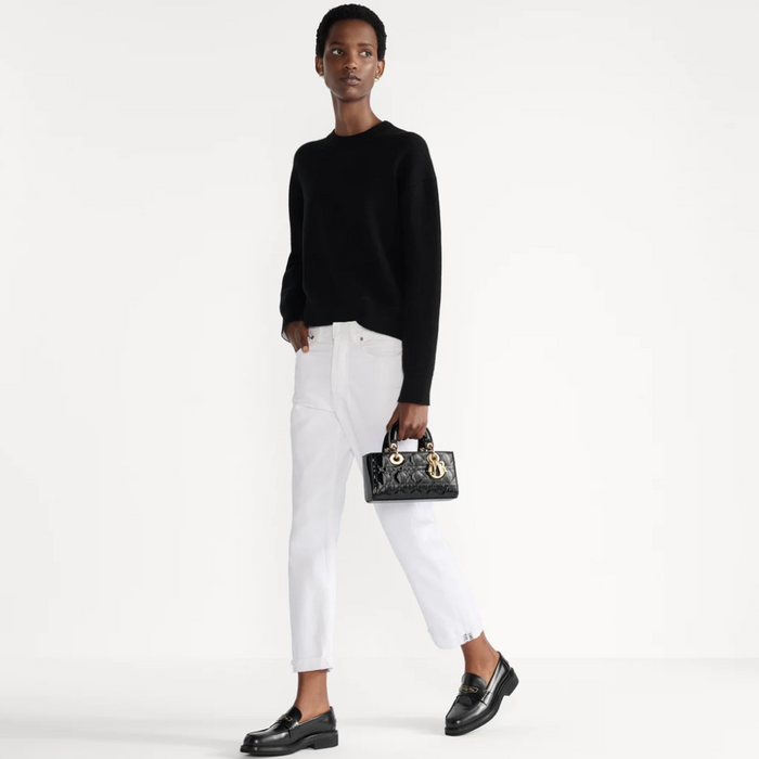 DIOR Lady D-Joy Small Patent Cannage Tote Bag Black White